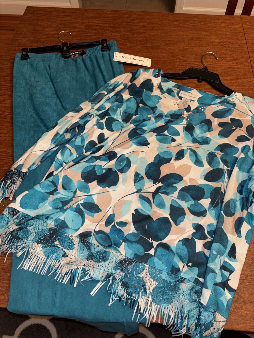 Alfred Dunner Blue Leaf Print Fringe Top and Pants Set